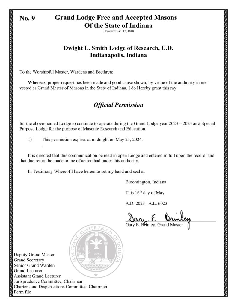 Dispensation for 2023-24 Dwight L. Smith Lodge of Research UD